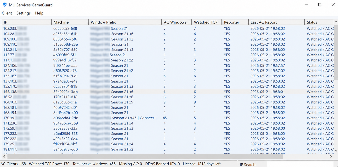 MU Services GameGuard server-side reporter panel